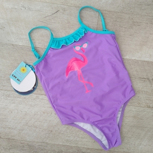 NWT Girls Flamingo UPF 50+ One Piece Swimsuit - Picture 1 of 5